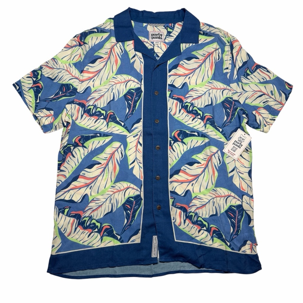 Party Pants Blue Palm Leaf Short Sleeve ButtonUp Shirt Men Small Resort Vibe NEW